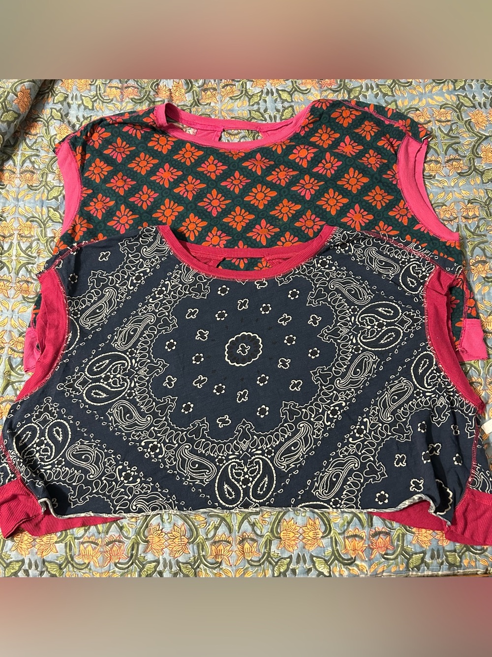 NATURAL LIFE Navy Bandana & Green Floral Patchwork Tank with Pink Trim
